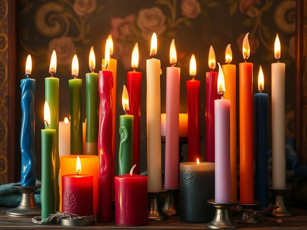 A colorful array of candles in various sizes and colors, all lit and glowing warmly.