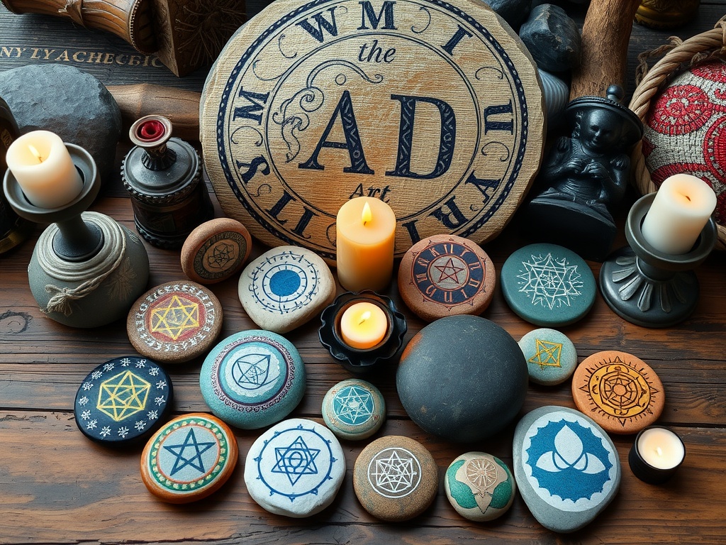 An assortment of decorated stones with candles and artifacts, showcasing various designs and symbols.