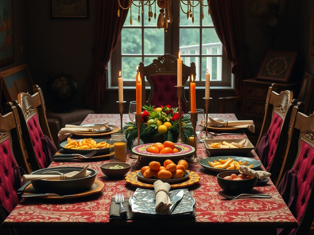 A beautifully set table for Brigid's Feast with fruits, candles, and elegant place settings