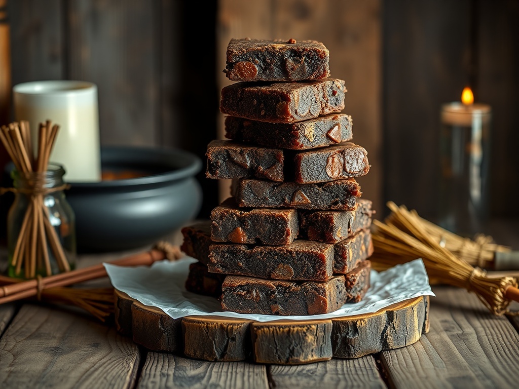 A tower of brownies stacked on a wooden board, surrounded by candles and decorative elements, creating a magical atmosphere.