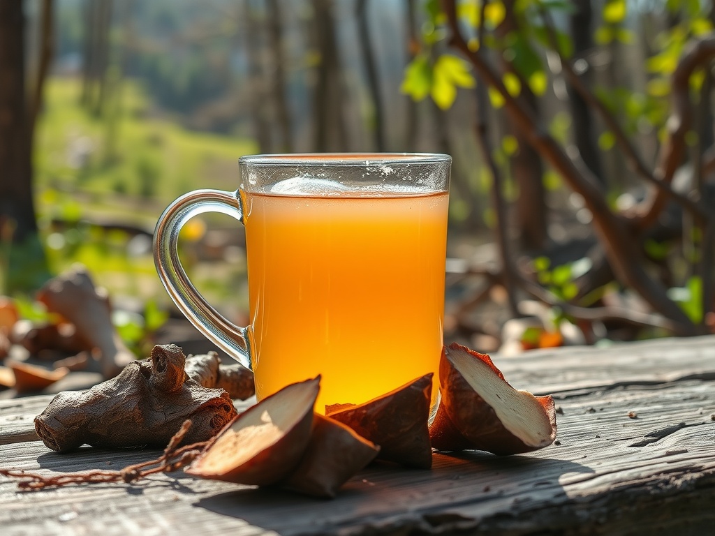 A cup of Burdock Root Detox Brew on a wooden table, surrounded by pieces of burdock root.