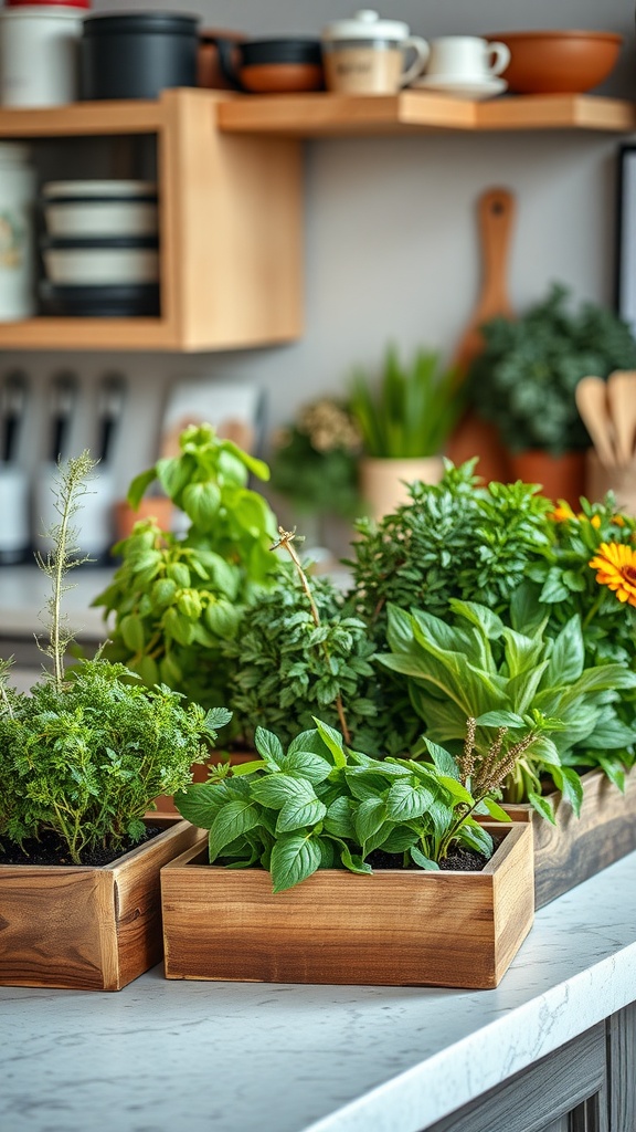 Cajas de madera con plantas en la cocina, mostrando hierbas frescas como albahaca y menta