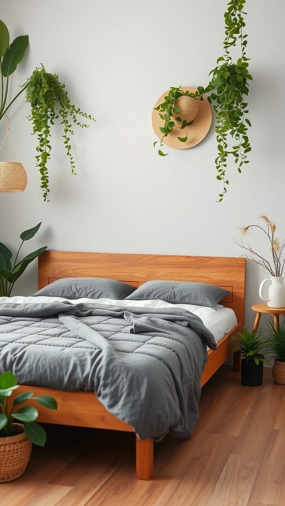 Cama de madera con plantas decorativas en un dormitorio moderno