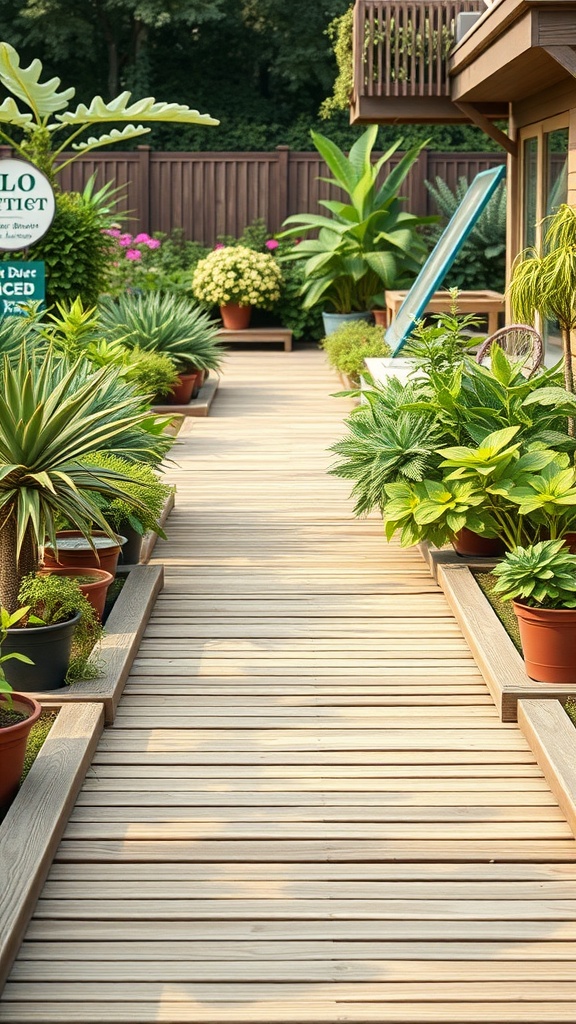 Camino de madera rodeado de macetas con plantas en un jardín