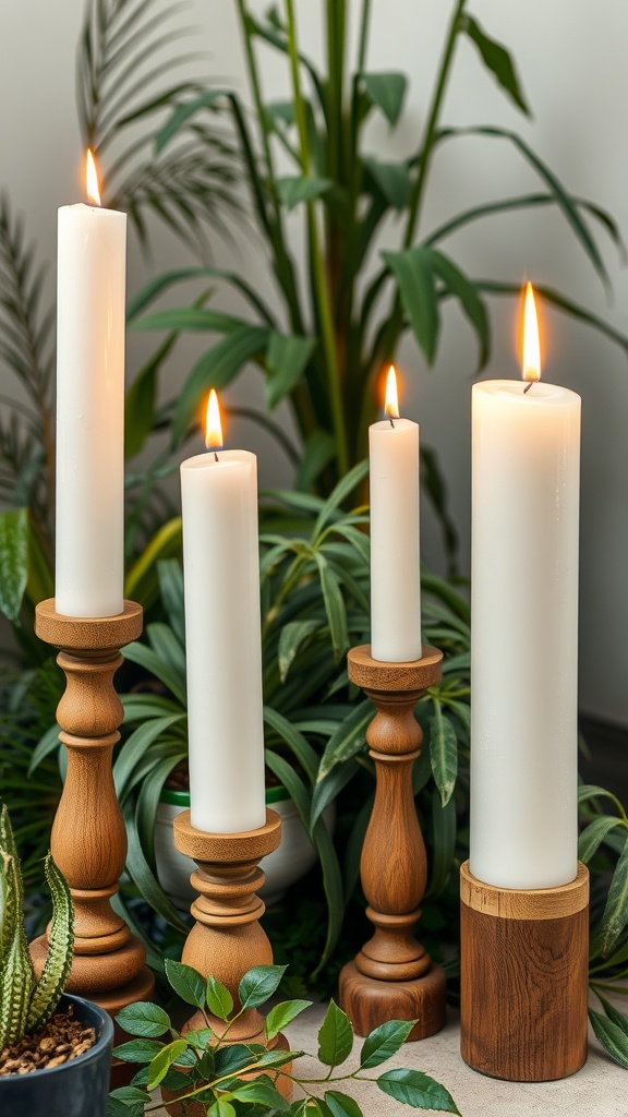 Candelabros de madera con velas encendidas rodeados de plantas verdes