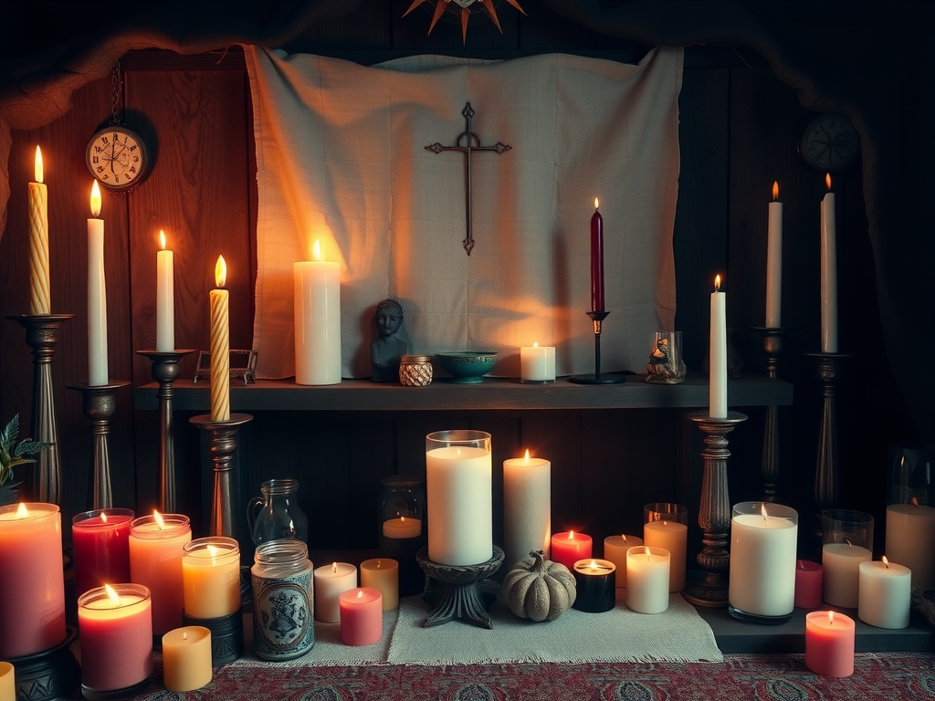 A candle-focused altar with various candles of different sizes and colors, creating a warm and inviting atmosphere.