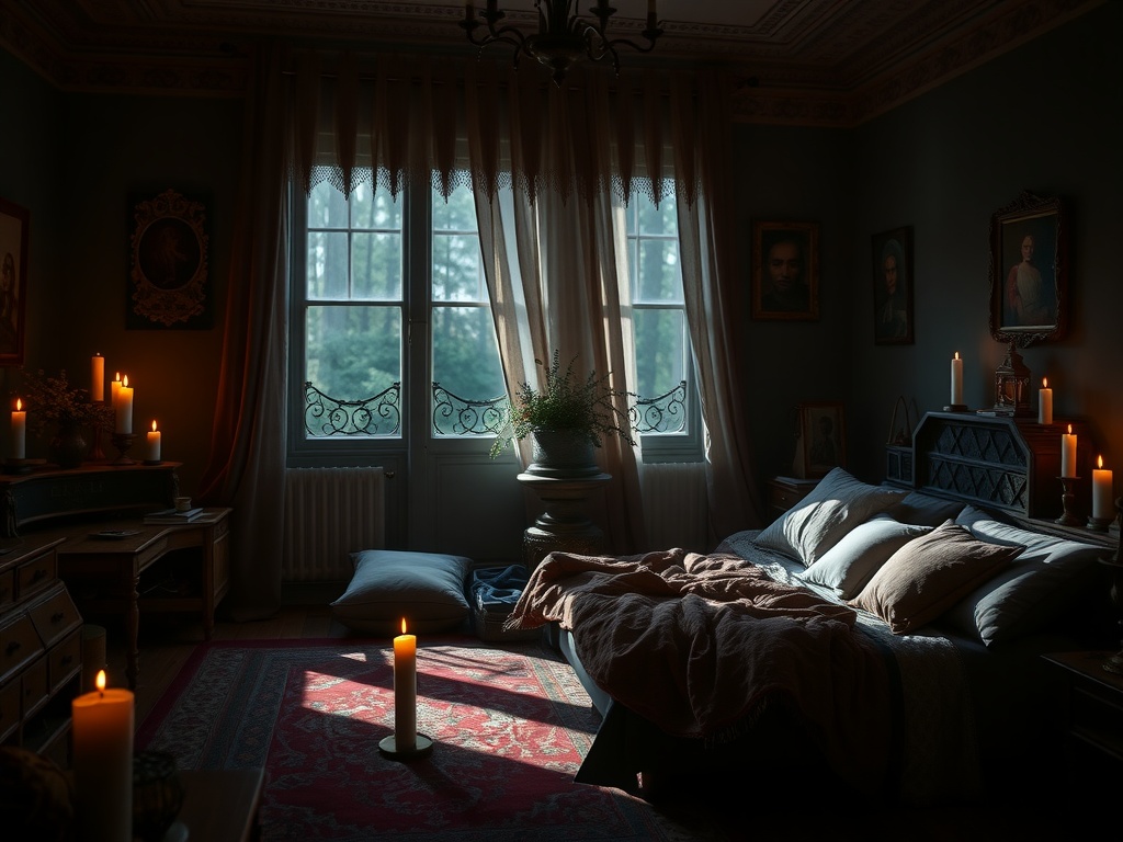 A dimly lit bedroom with candles illuminating the space, featuring a cozy bed and vintage furniture.