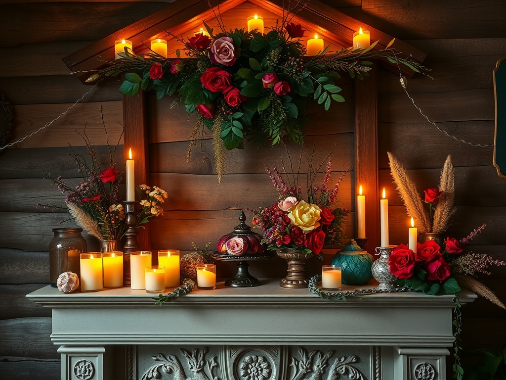 A beautifully decorated mantel with candles, flowers, and decorative items for Imbolc.