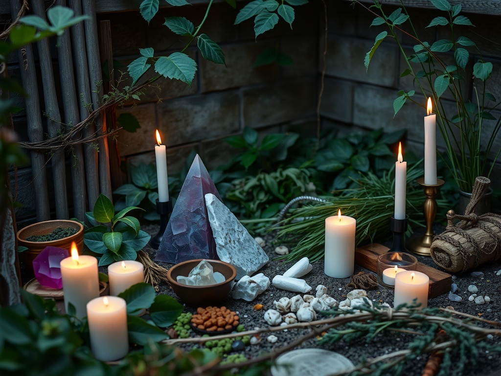 A serene candlelit ritual corner with candles, crystals, and herbs surrounded by greenery.