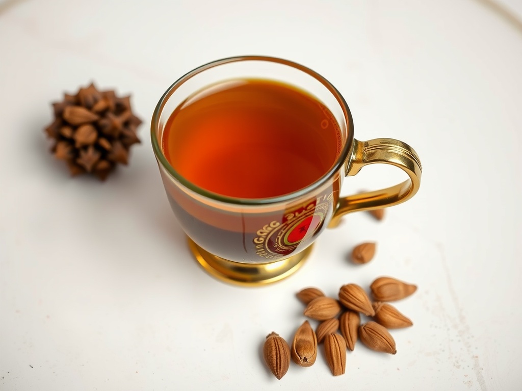 A cup of herbal tea with cardamom pods beside it