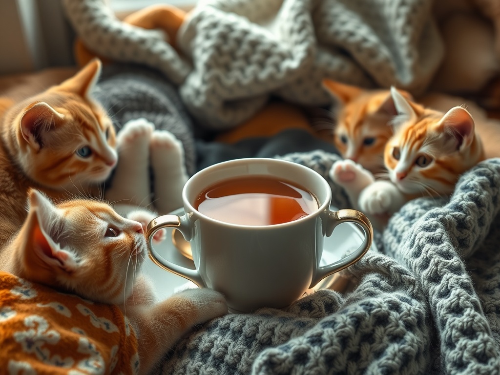 A cozy scene featuring a cup of tea surrounded by playful kittens.