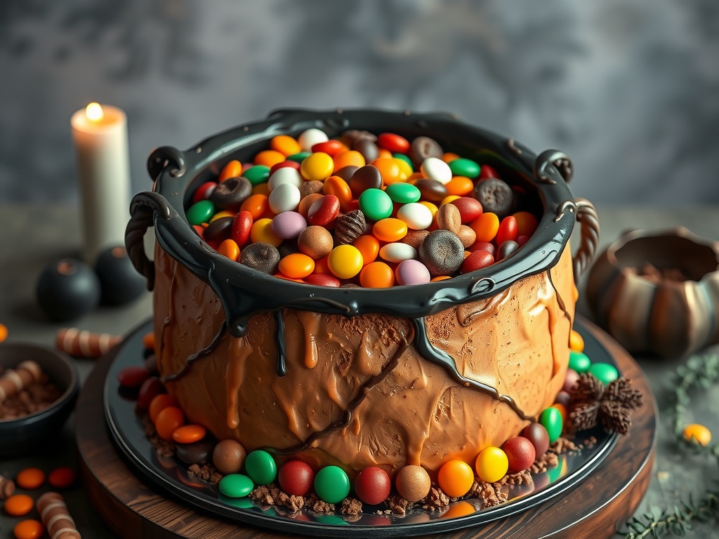 A colorful and chocolatey cauldron-shaped cake topped with assorted candies.