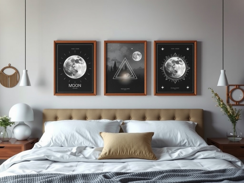 A bedroom featuring celestial-themed art prints of the moon above a cozy bed.