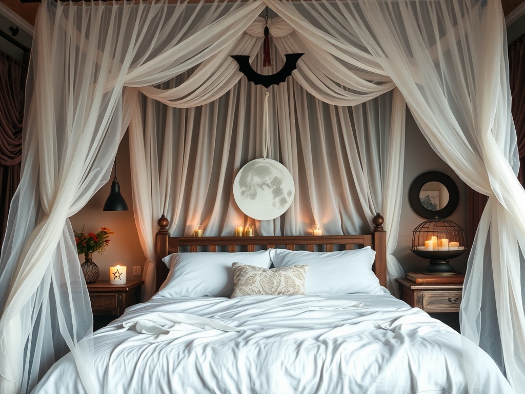 A serene bedroom featuring a canopy bed with sheer curtains, a moon decoration, and candles, creating a peaceful celestial theme.