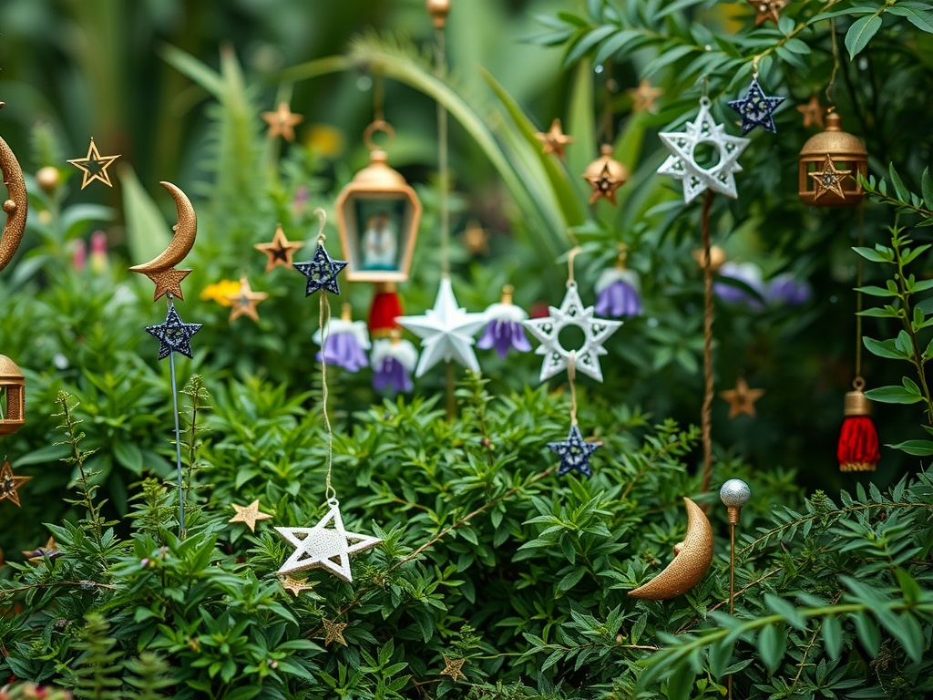 A garden decorated with stars and moons hanging amidst lush greenery.