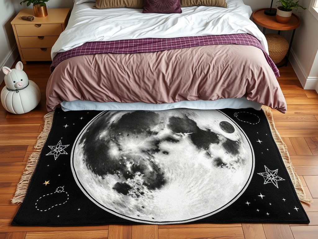 A black rug with a large moon and star designs under a bed.