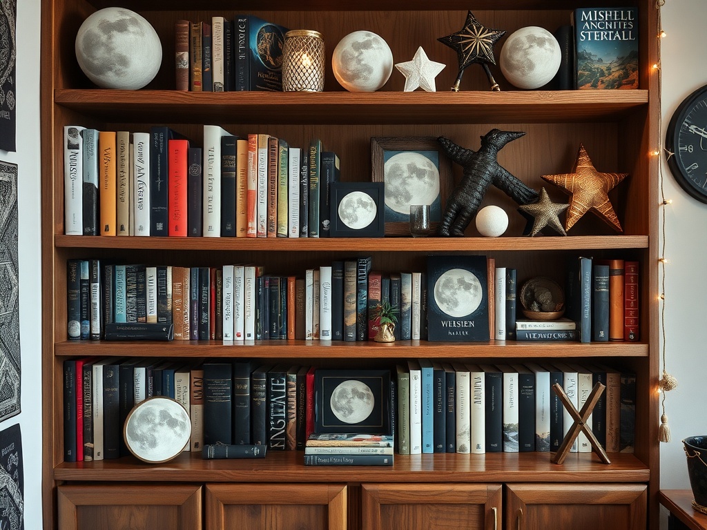 A wooden bookshelf with a celestial theme, featuring books, moon-shaped decor, and star motifs.