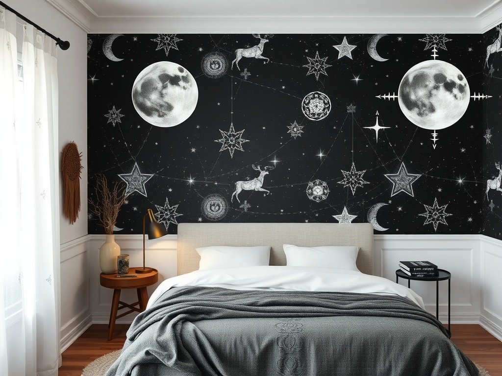 Bedroom with celestial wallpaper featuring moons and stars on a black background.