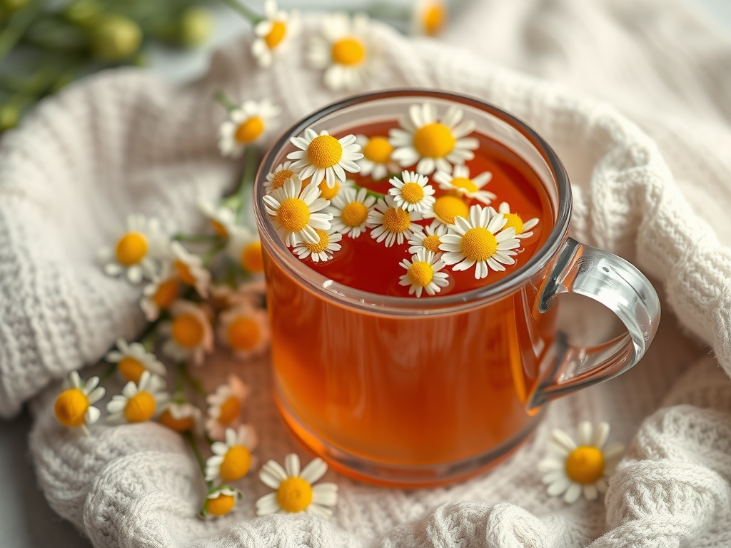 A warm cup of chamomile tea with flowers floating on top, surrounded by a cozy setting.