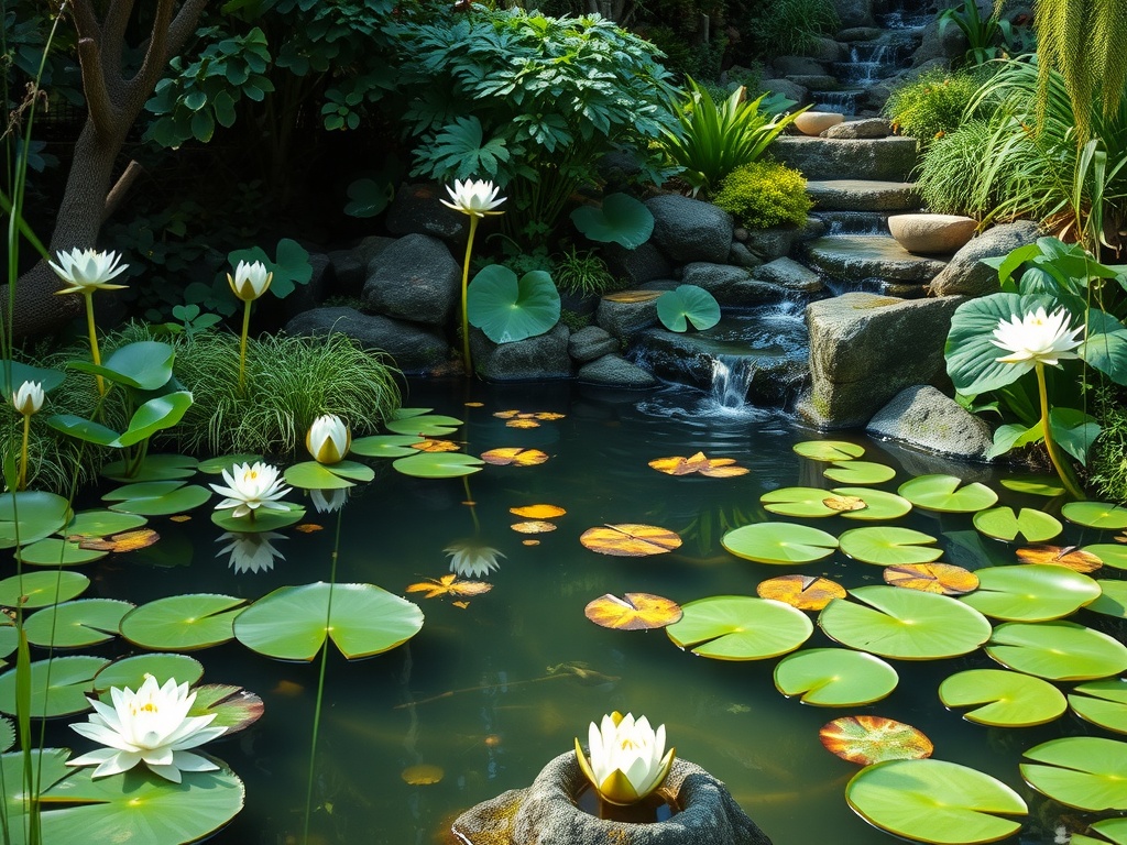 A tranquil pond with water lilies and flowing water surrounded by lush greenery.