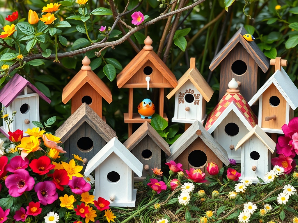 Colorful birdhouses arranged among flowers in a garden