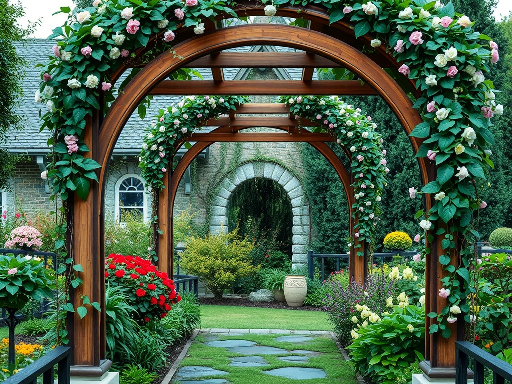 A charming garden arch adorned with flowers leading into a lush green garden.