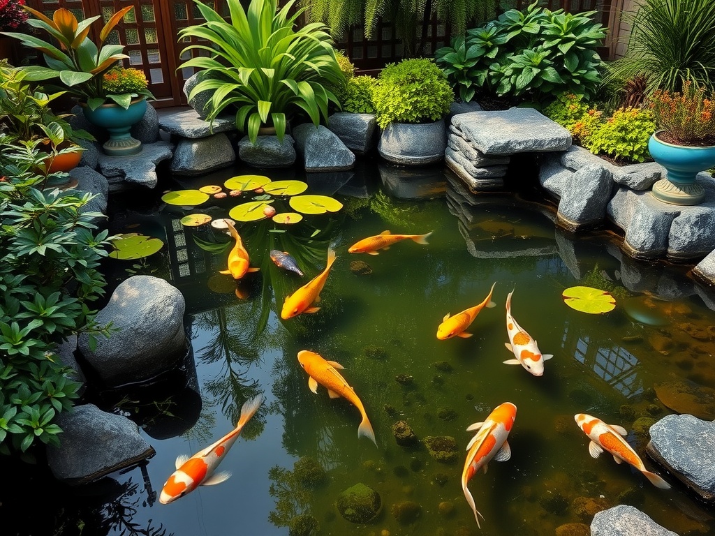 A beautiful garden pond featuring koi fish swimming among water lilies and surrounded by lush greenery.