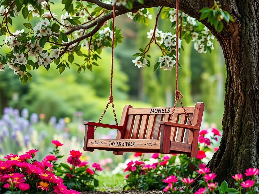 A wooden garden swing hanging from a tree, surrounded by blooming flowers.