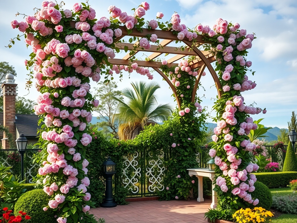 A wooden trellis covered with vibrant pink flowers in a garden setting.