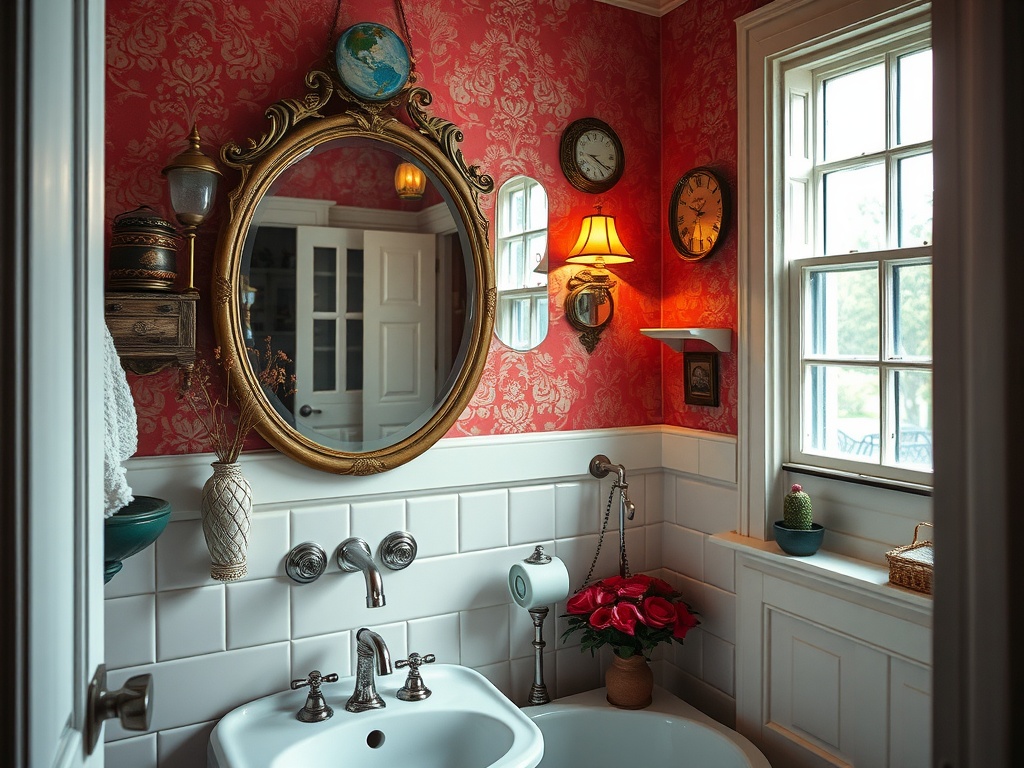 A charming vintage-style bathroom with red floral wallpaper, an ornate mirror, vintage clocks, and potted plants.