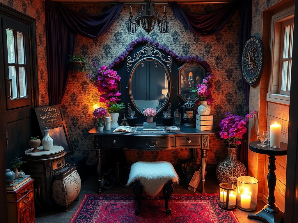 A chic gothic boho vanity space with dark decor, vibrant flowers, and warm lighting.