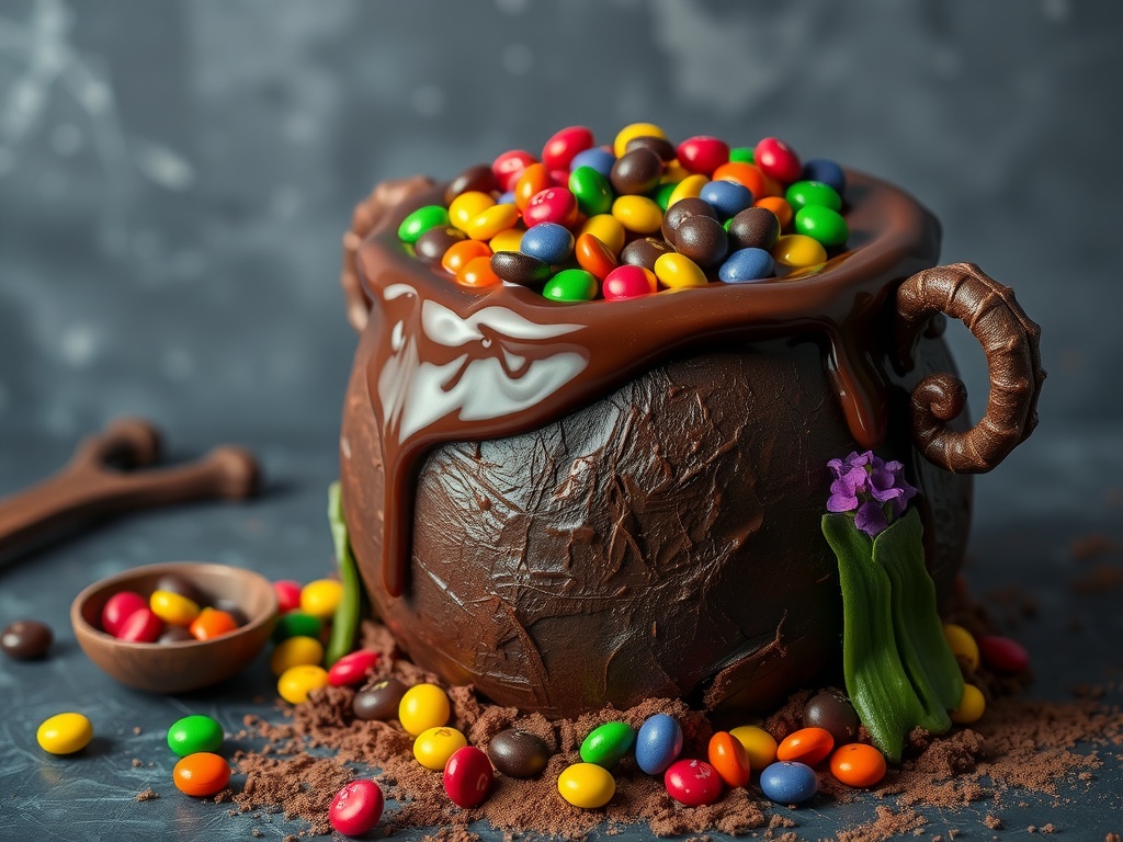 A chocolate cauldron cake decorated with colorful candies and chocolate ganache, resting on a dark surface.