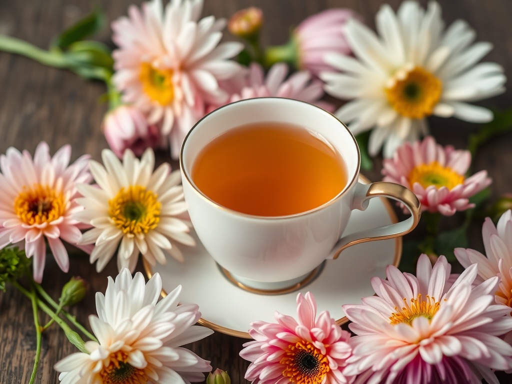 A cup of chrysanthemum tea surrounded by beautiful chrysanthemum flowers.