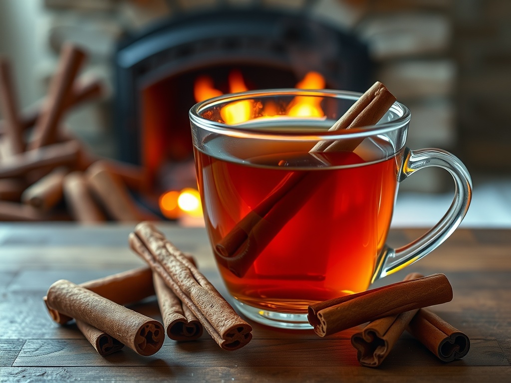 A warm cup of cinnamon tea with cinnamon sticks beside it.