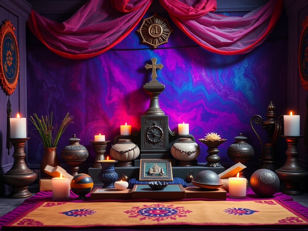 A beautifully arranged witchcraft altar with vibrant colors, candles, and various decorative items.