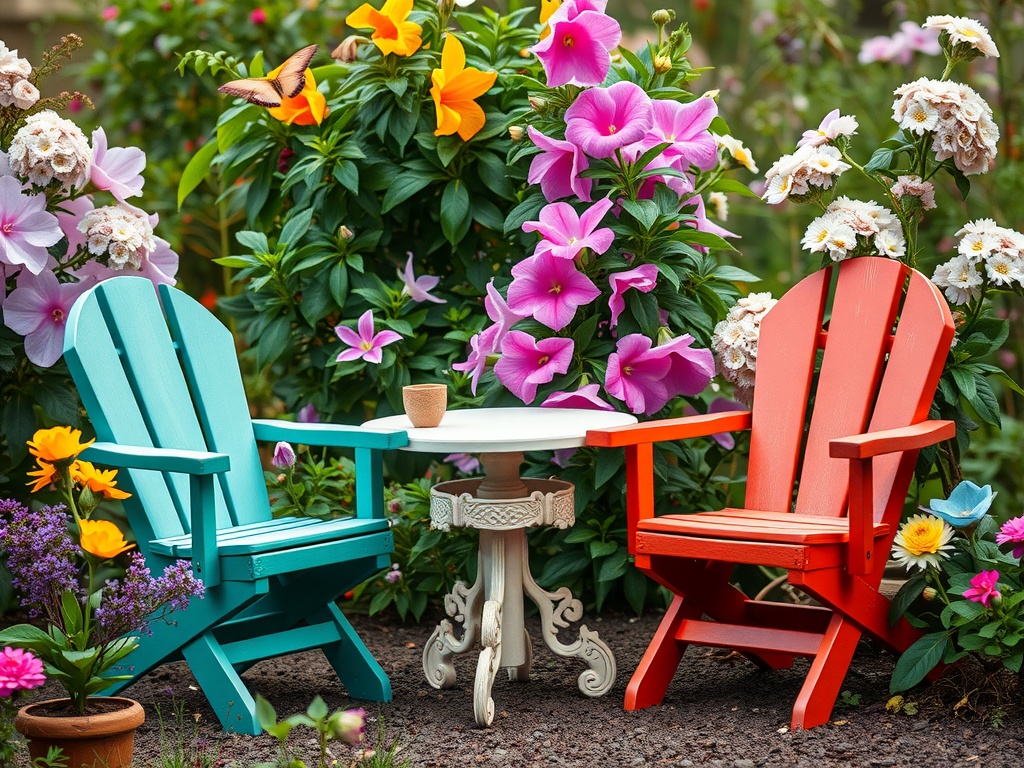 Two colorful garden chairs, one turquoise and one red, beside a small white table in a flower-filled garden.