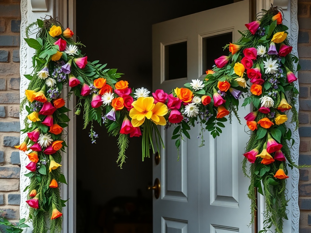 A colorful floral garland with pink, yellow, orange, and purple flowers, draped around a doorway