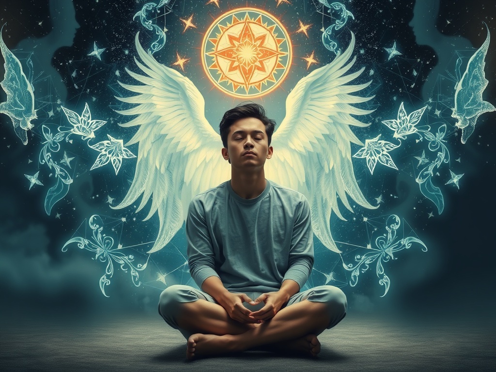 A person meditating with angelic wings and celestial symbols around them, representing the connection with spirit guides.