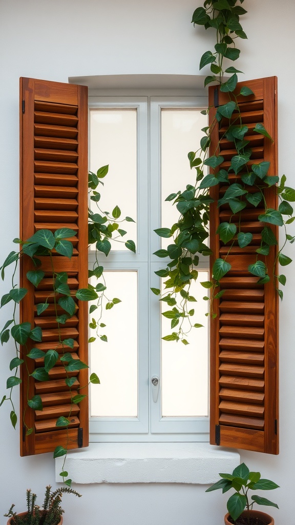 Ventana con cortinas de madera y plantas trepadoras