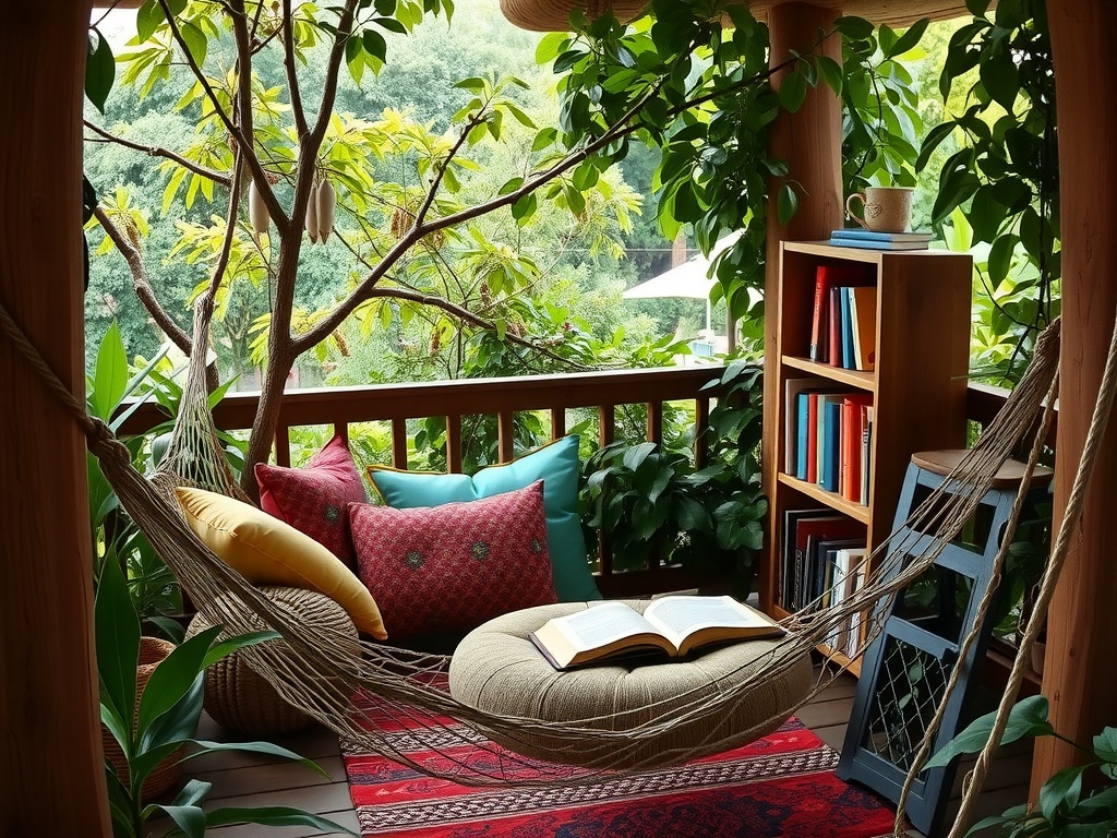 A cozy outdoor reading nook featuring a hammock, colorful cushions, and a bookshelf surrounded by greenery.