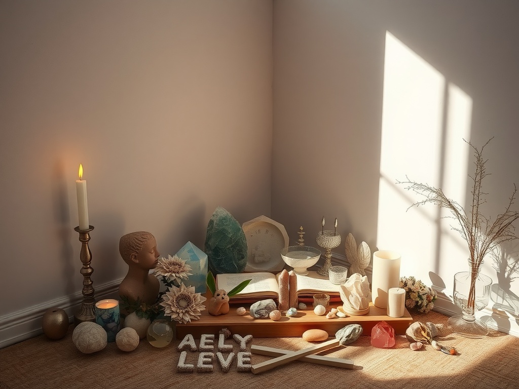 A serene arrangement of spiritual items including candles, crystals, and flowers, creating a sacred space.