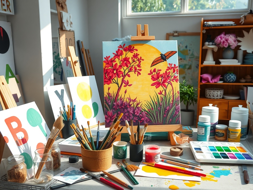 A bright and colorful art studio filled with painting supplies, showcasing a vibrant artwork in progress.