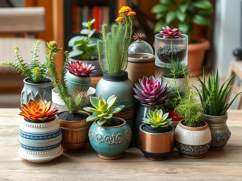 A variety of creative plant containers filled with colorful succulents and greenery.