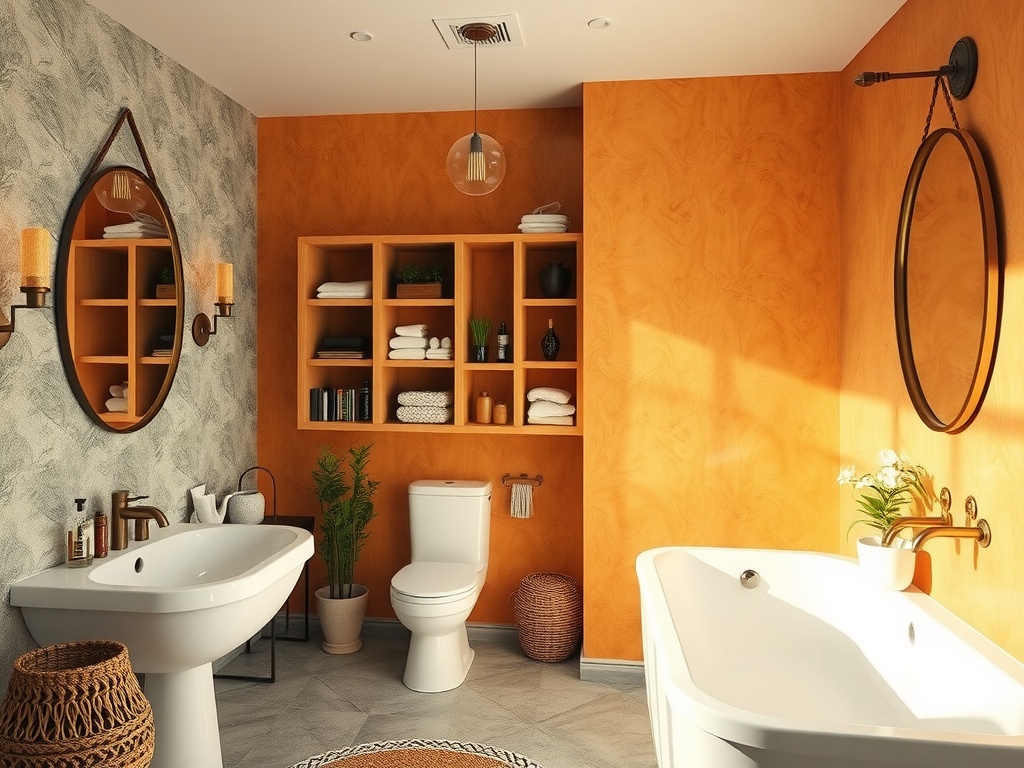 A bright bathroom featuring wooden shelving, warm orange walls, and decorative elements.