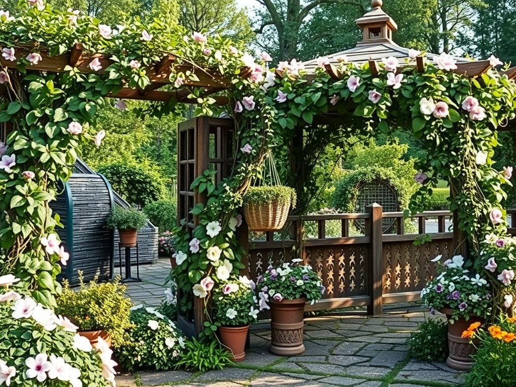 A beautiful wooden trellis covered in vibrant flowers, creating a cozy garden space.