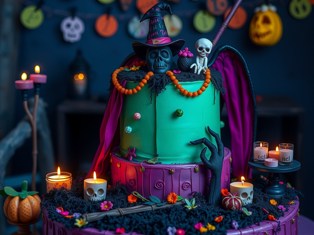 A detailed spooky carnival-themed birthday cake featuring a skeleton, vibrant colors, and decorative elements.