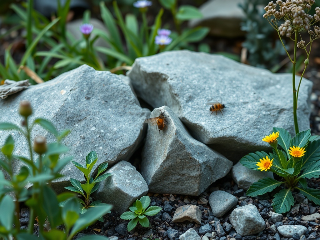 A garden scene featuring rocks, flowers, and bees.