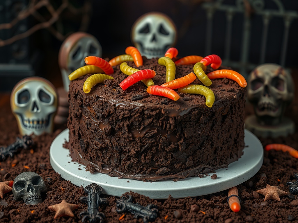 Creepy Crawly Gummy Worm Cake with gummy worms on top and skull decorations around.