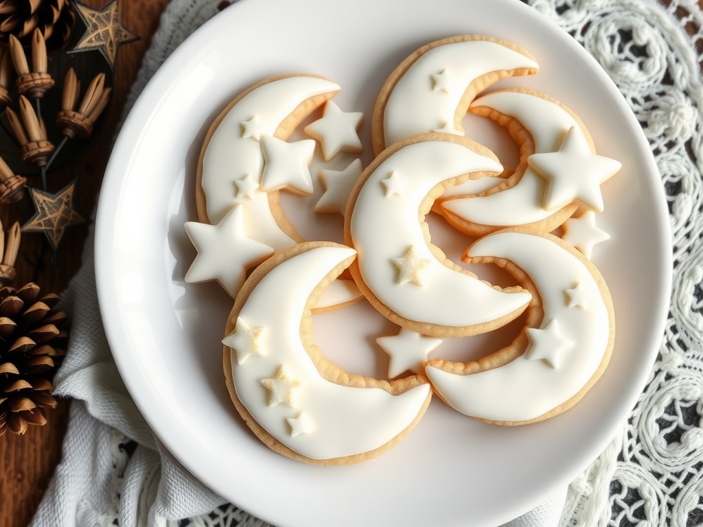 A plate of crescent moon sugar cookies decorated with white icing and star shapes.