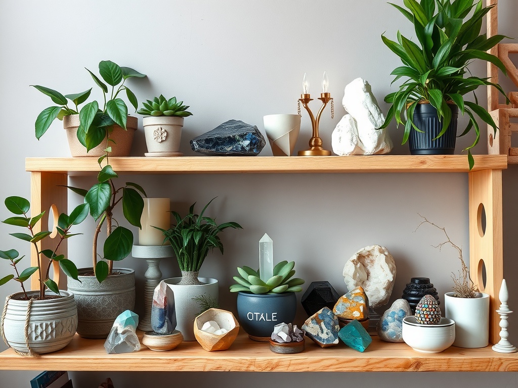 A cozy display of plants and crystals on a wooden shelf, featuring various gemstones and decorative items.